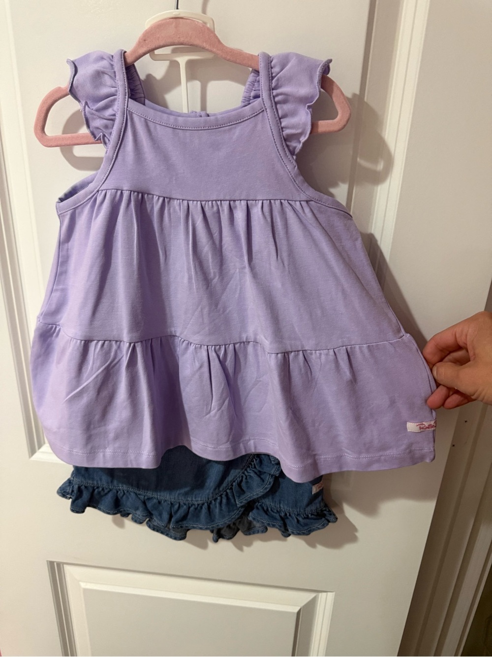 💜 RuffleButts Girls Purple Tank Top & Denim Skort Set Ruffle Detail Outfit ✨